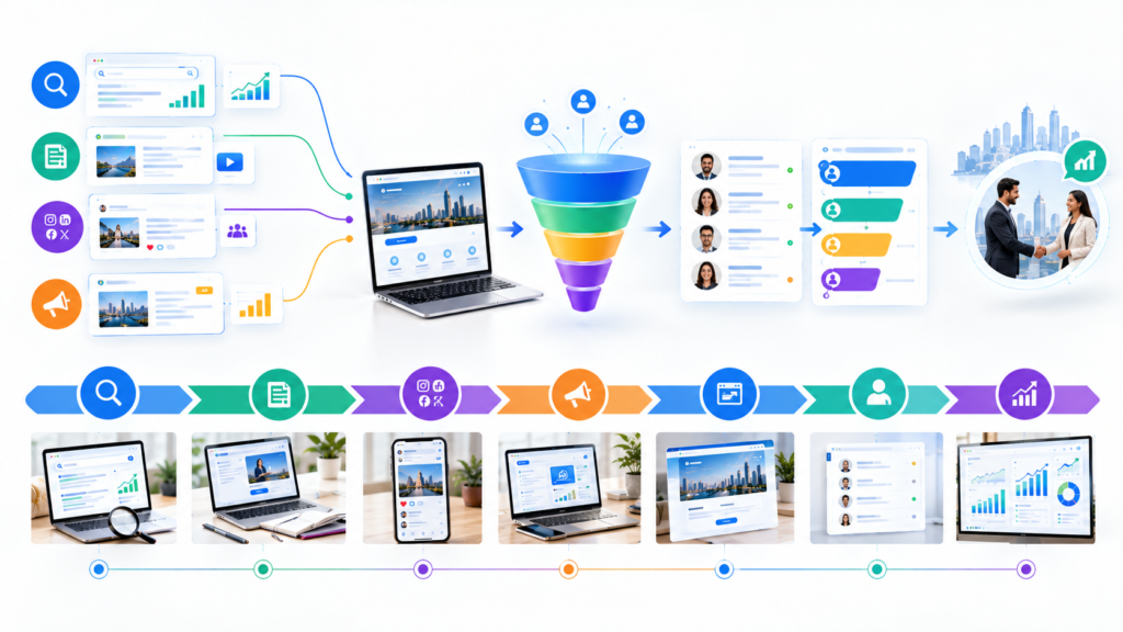 Digital marketing strategy funnel from awareness to conversion