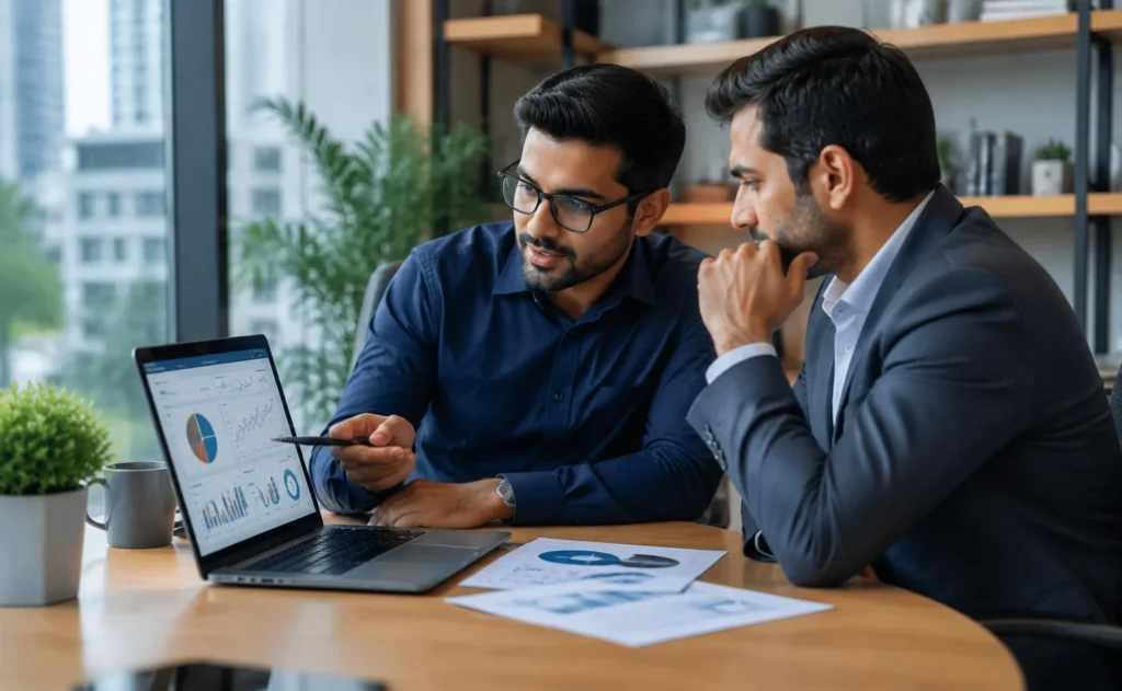 Business owner analyzing social media marketing results with consultant