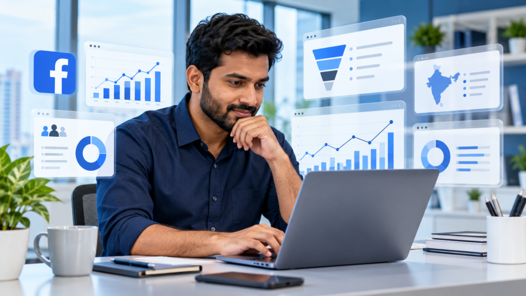 Indian business owner analyzing a Facebook Ads lead generation campaign on a laptop