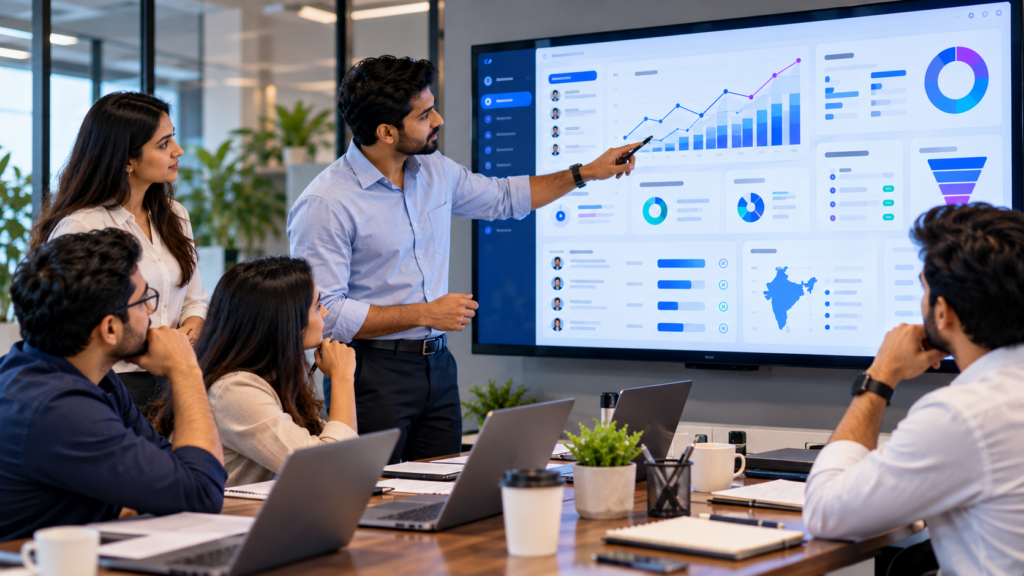 Digital marketing team reviewing Facebook Ads campaign performance and lead metrics