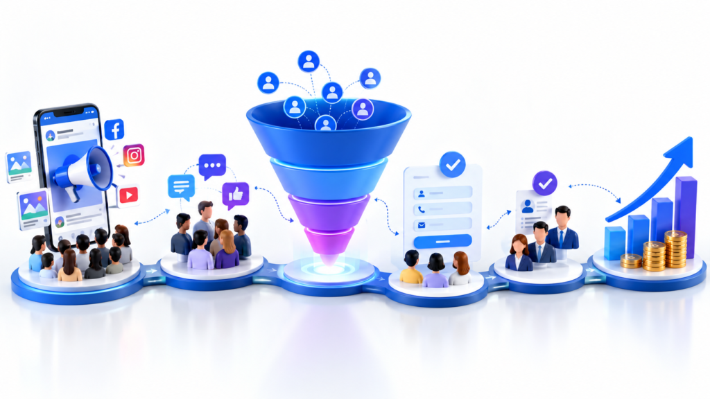 Digital marketing funnel showing awareness, consideration, lead capture and conversion