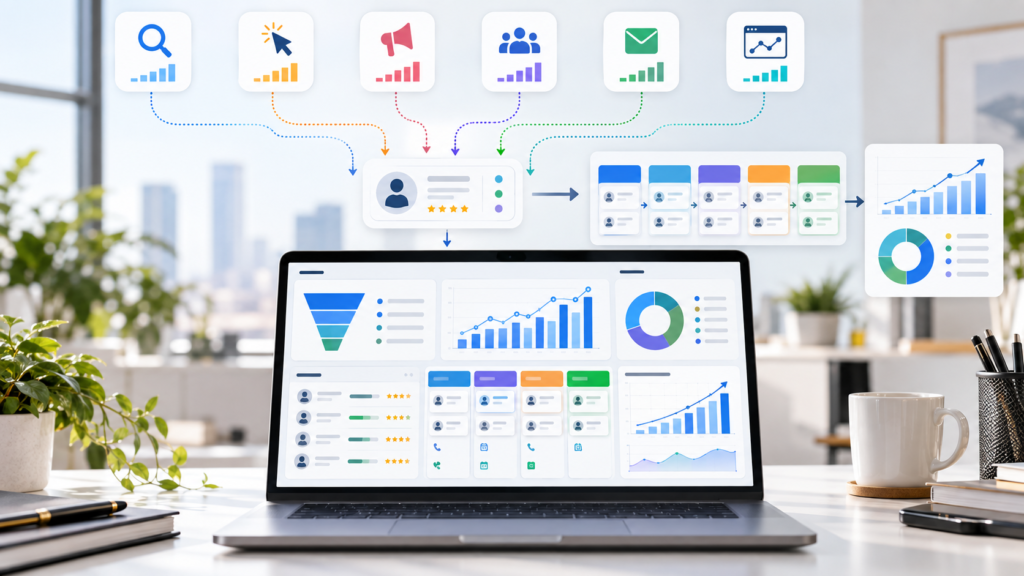 Lead generation performance tracking with SEO Google Ads Meta Ads CRM and sales funnel