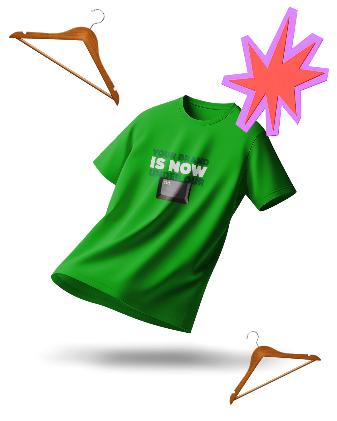 Green branded t-shirt floating with wooden hangers